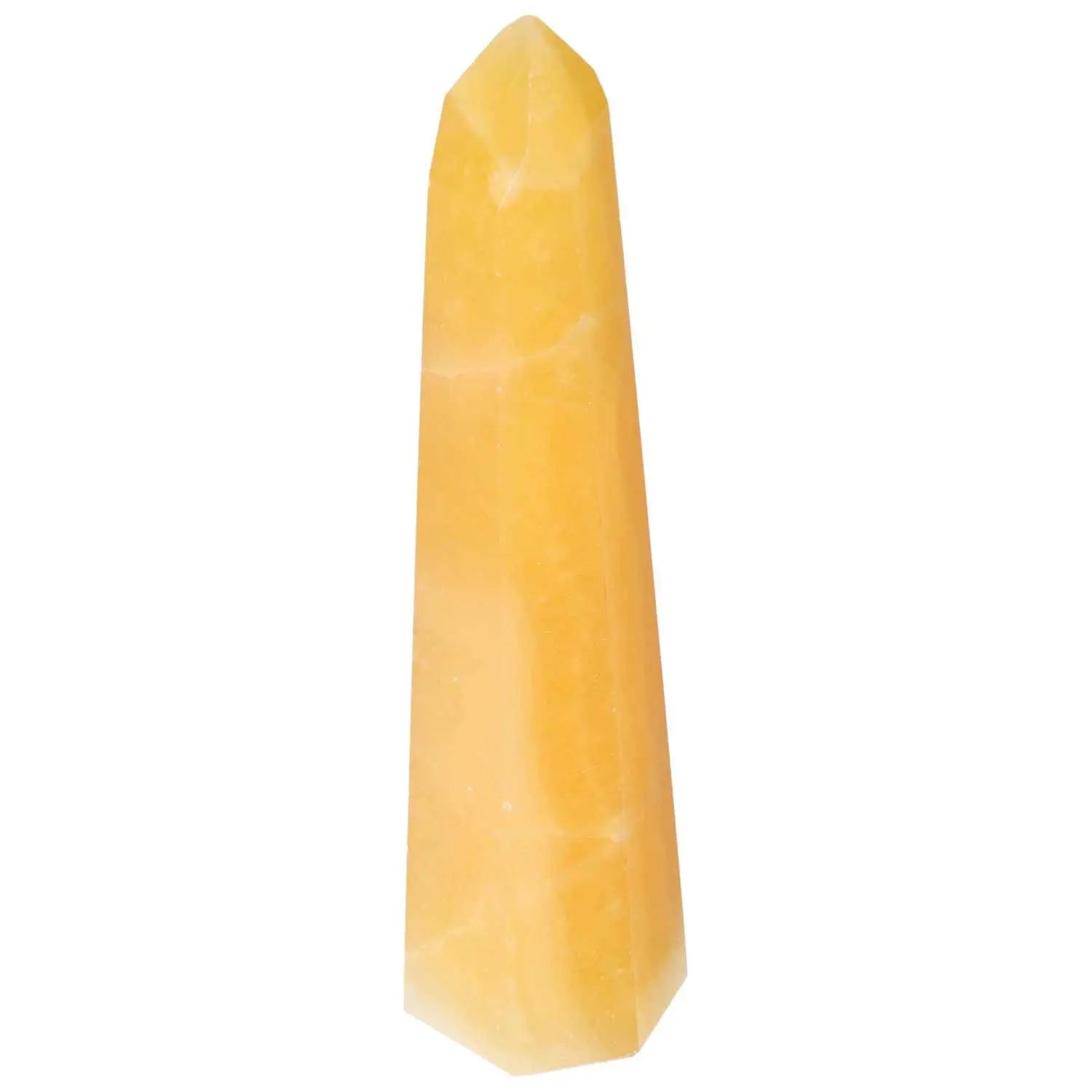 Mexican Calcite Obelisk by Sylvia Crystals, artisan-crafted spiritual tool, enhances self-confidence and ambiance with natural elegance.