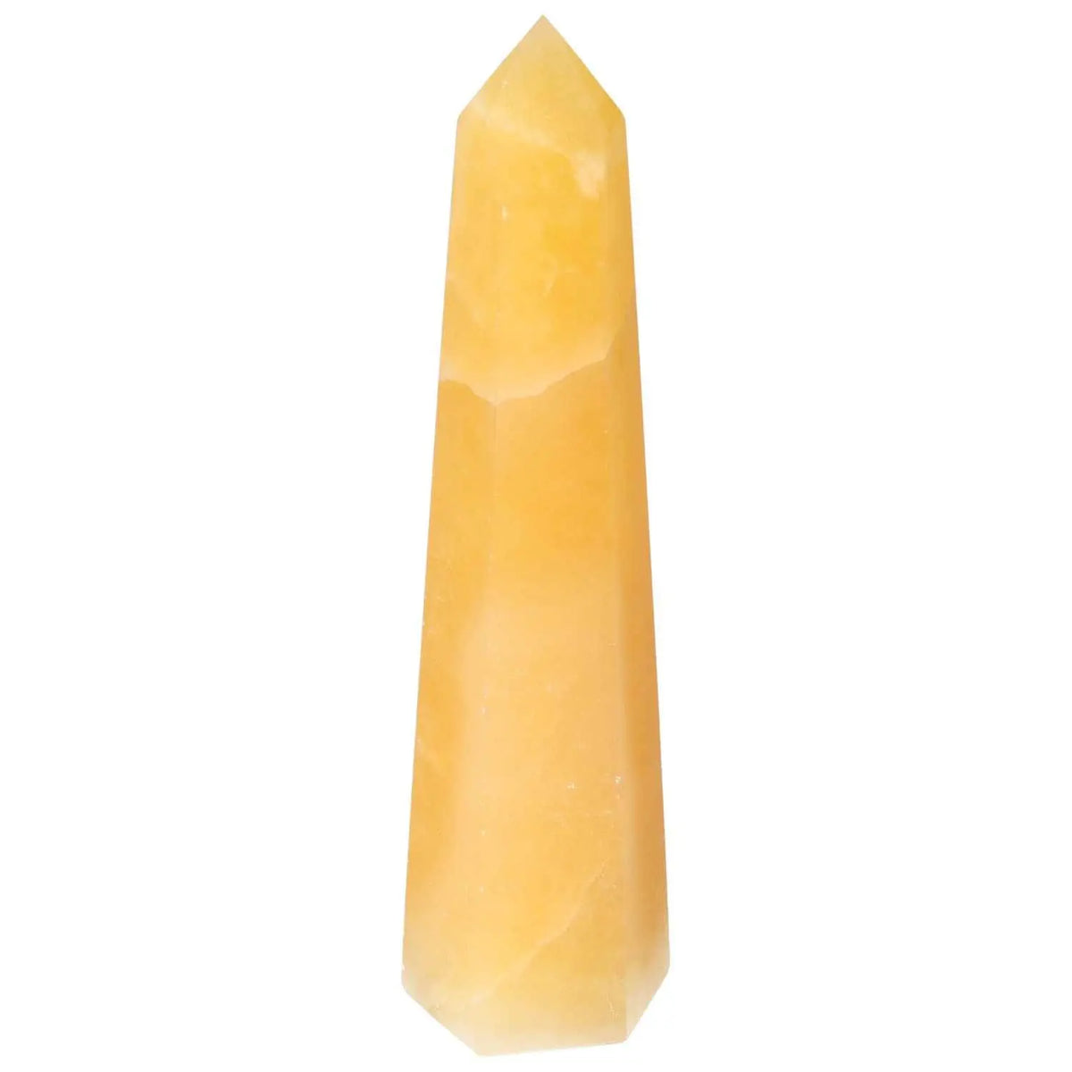 Close-up of a Mexican Calcite Obelisk by Sylvia Crystals, artisan-crafted for enhancing self-confidence and goal achievement.