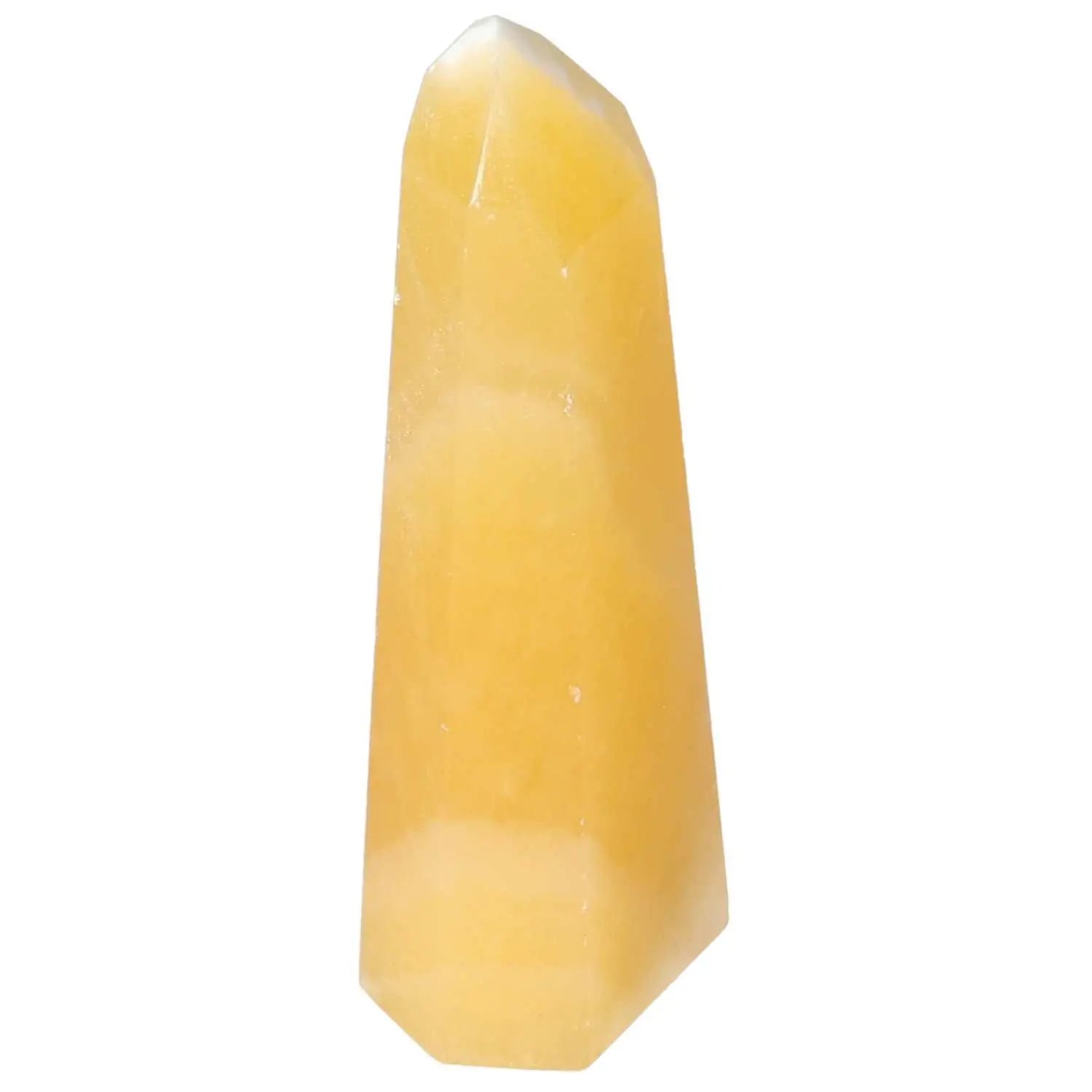 Mexican Calcite Obelisk from Sylvia Crystals, a vibrant tool for motivation and confidence, ideal for enhancing workspace energy.