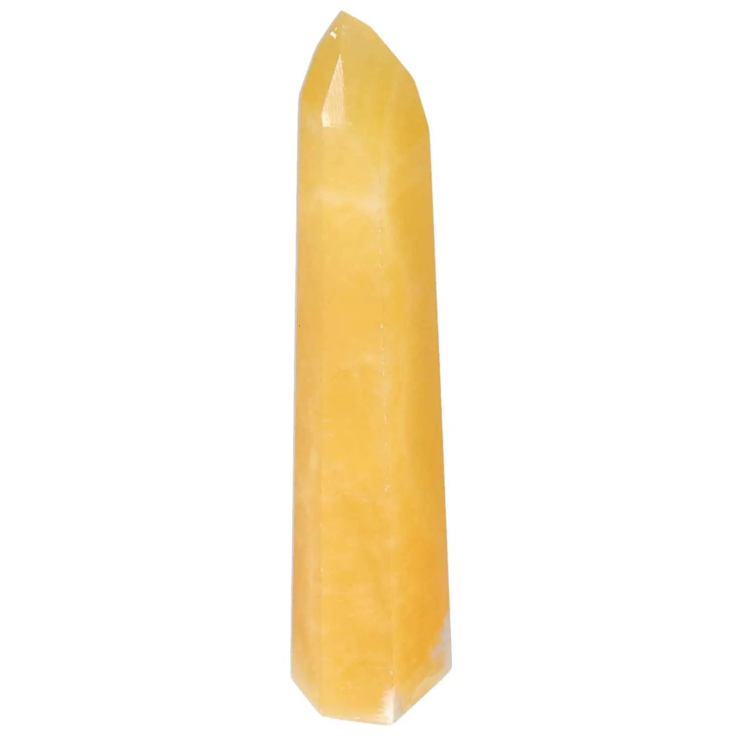 Yellow Mexican Calcite Obelisk from Sylvia Crystals, embodying elegance and spiritual significance in a premium handpicked design.