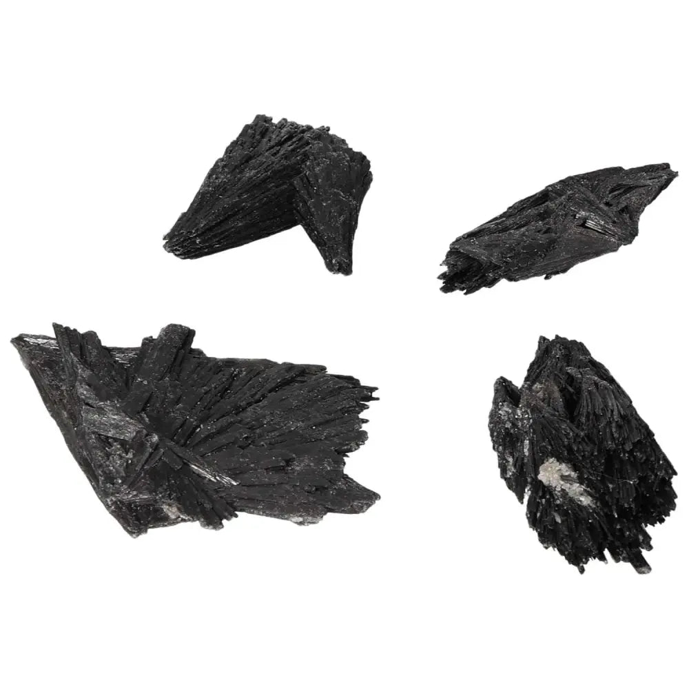 Four pieces of Black Kyanite M from Sylvia Crystals, showcasing its unique structure and premium quality for spiritual introspection.