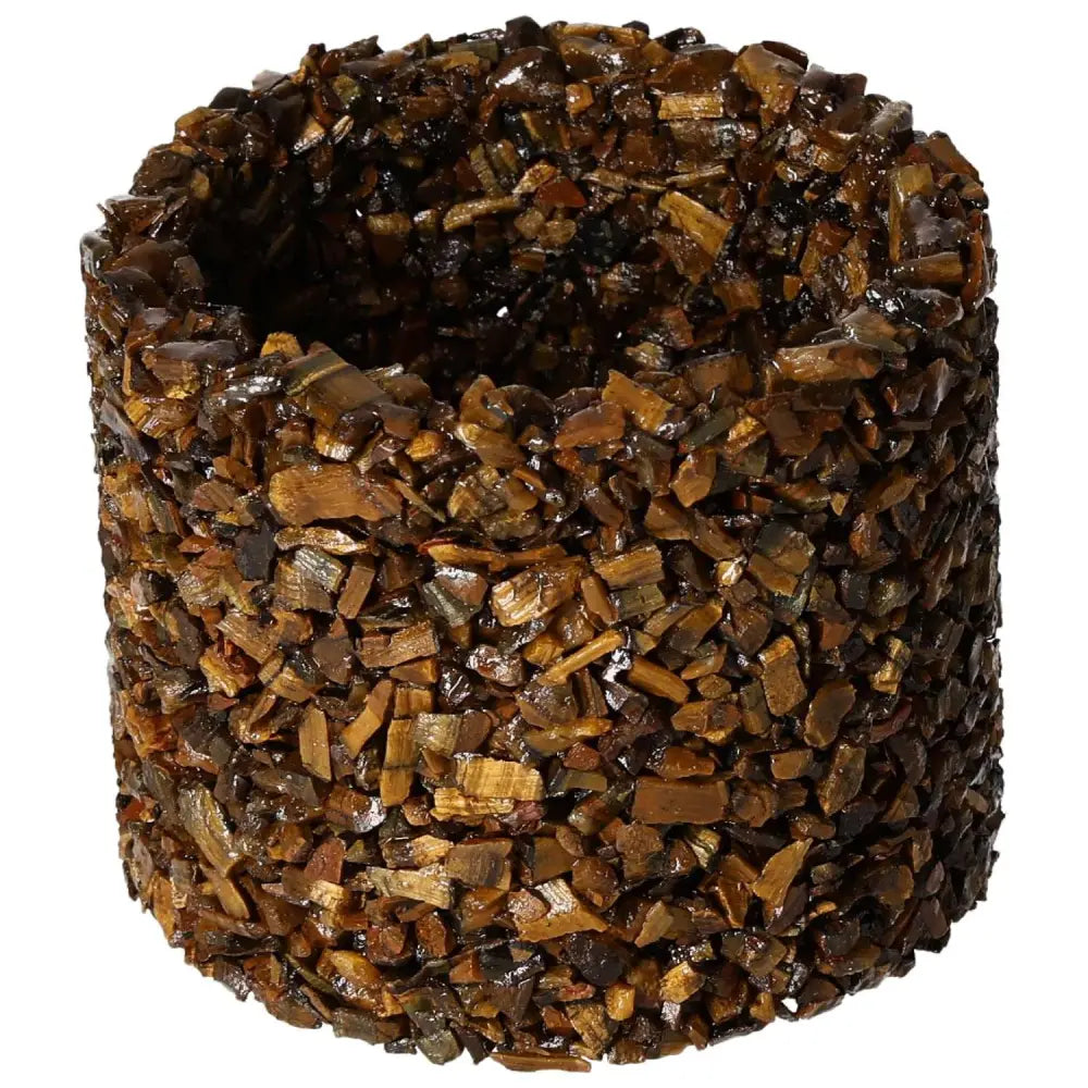 Candle holder made of polished Tiger Eye stones, enhancing spiritual growth and elegance in home decor.