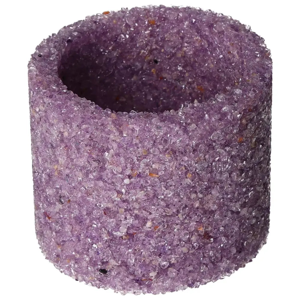 Amethyst M candle holder, handcrafted luxury pot cover by Sylvia Crystals, made with genuine amethyst for stress relief and energy enhancement.
