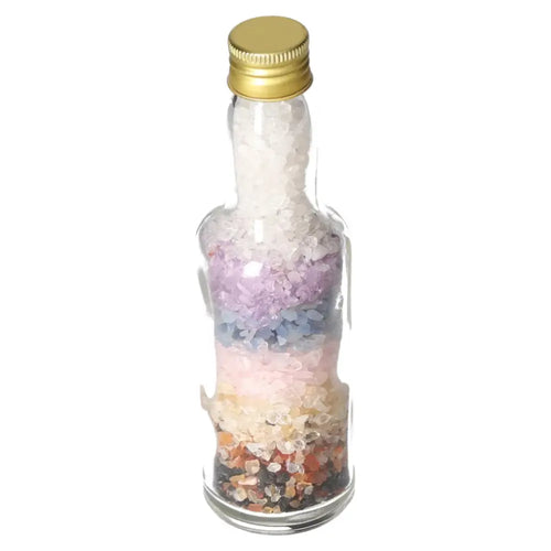 7 Chakra Stones Bottle by Sylvia Crystals featuring Rock Crystal, Amethyst, Blue Quartz, Rose Quartz, Citrine, Carnelian, Black Tourmaline.