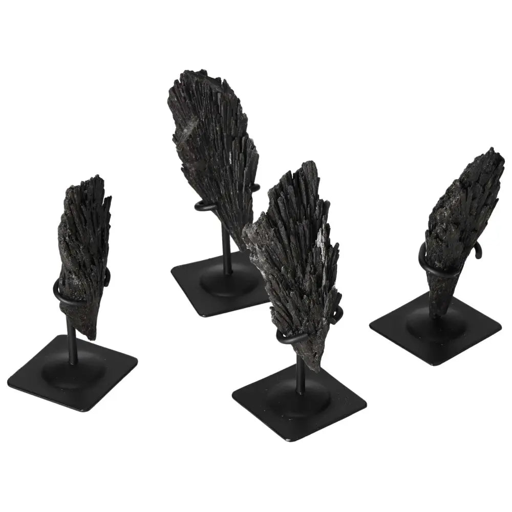 Black Kyanite on metal stand from Sylvia Crystals, showcasing its spiritual and elegant design for introspection and clarity.
