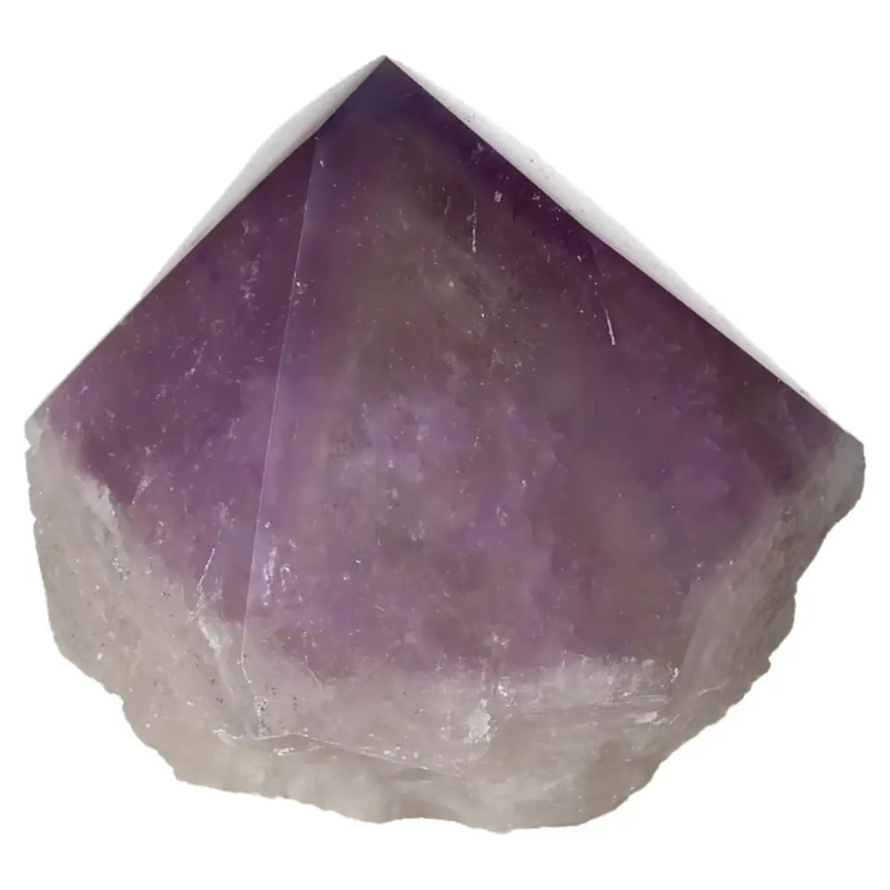 Polished Point Amethyst crystal with deep purple hues, a Sylvia Crystals creation for stress relief and energy boost.