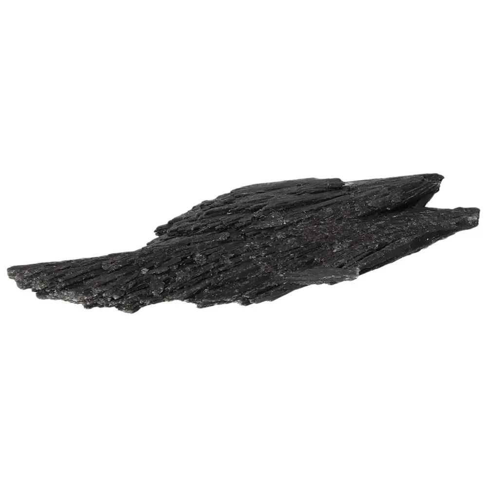 Black Kyanite crystal from Sylvia Crystals, known for enhancing spiritual clarity and introspection, on a white background.