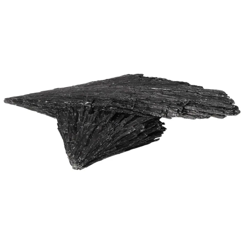 Black Kyanite crystal from Sylvia Crystals, known for self-discovery and clarity benefits, on a white background.