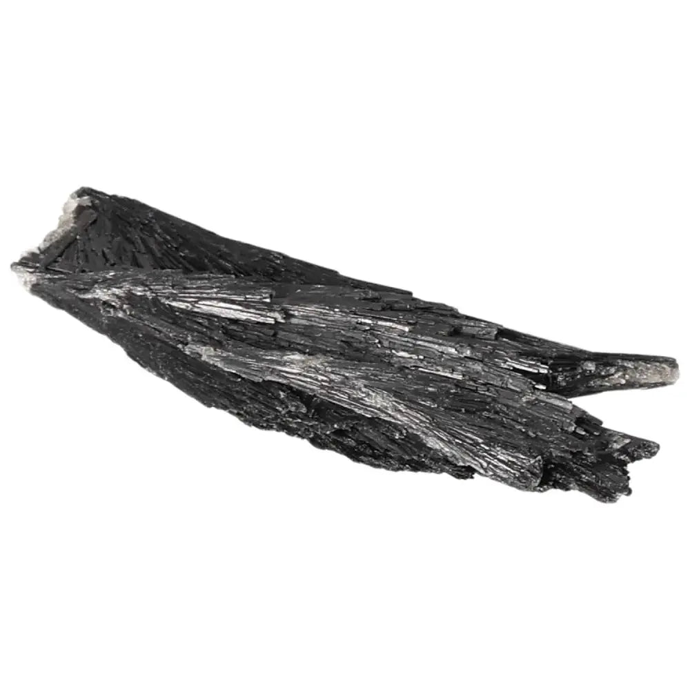Premium Black Kyanite crystal from Sylvia Crystals, known for enhancing meditation and introspection, displayed on a light background.