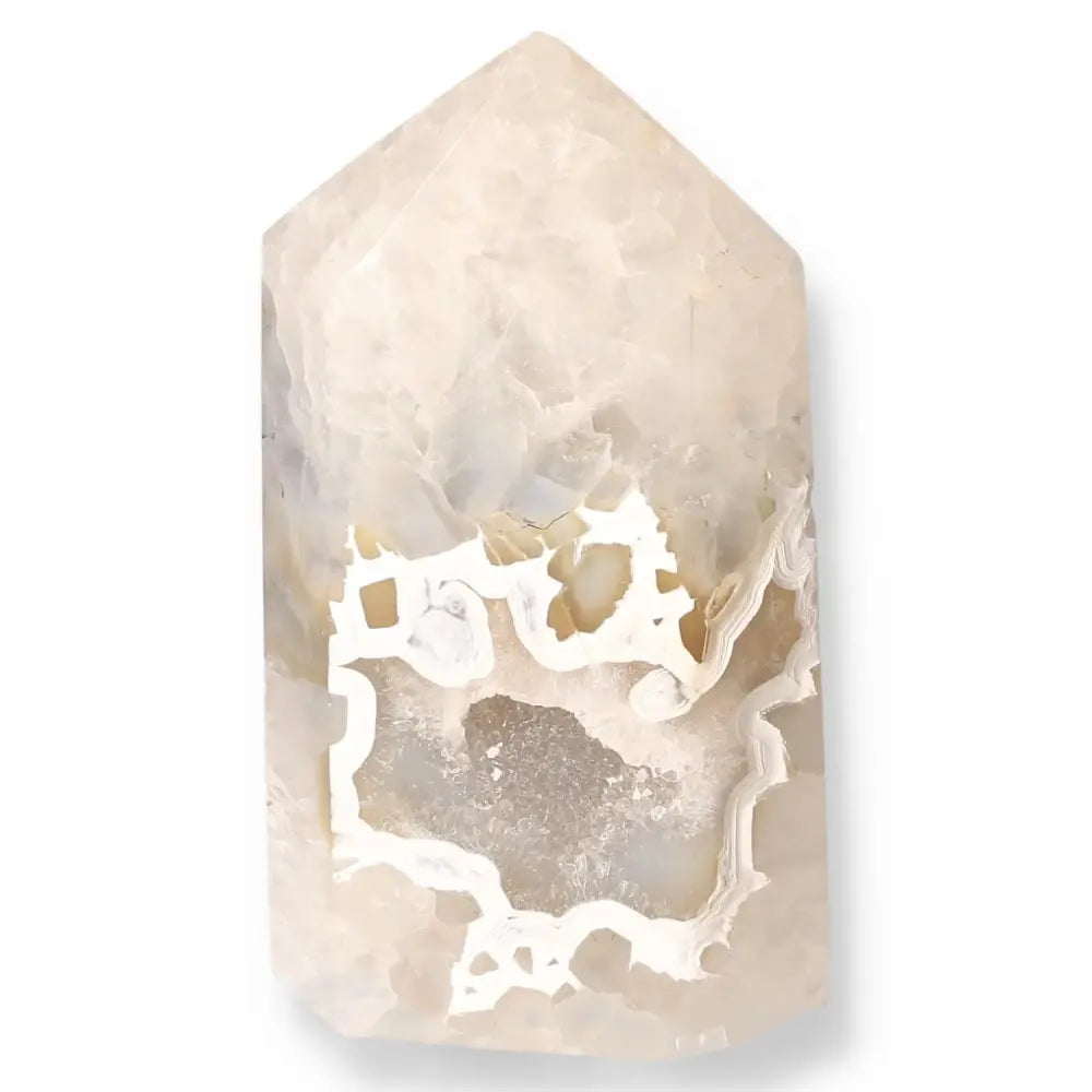 Exquisite Agate Geoded Point crystal with natural patterns for tranquility and balance, enhancing mind and body wellness.