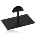 Black metal base for stones with a rectangular flat surface and a vertical support, ideal for secure stone placement and display.
