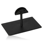 Black metal base for stones with a rectangular flat surface and a vertical support, ideal for secure stone placement and display.