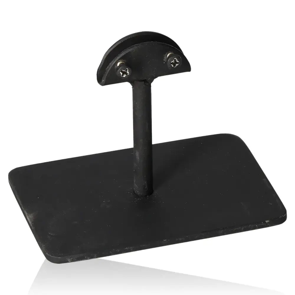 Black metal stone base with upright support, ideal for displaying decorative stones or art pieces on any surface.