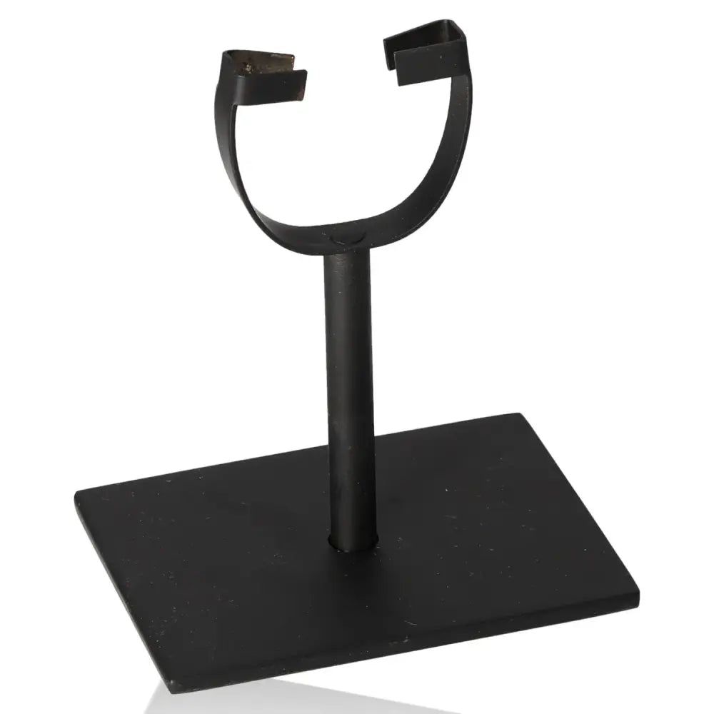 Black metal base for displaying stones, featuring a sturdy rectangular platform and a supportive circular holder.