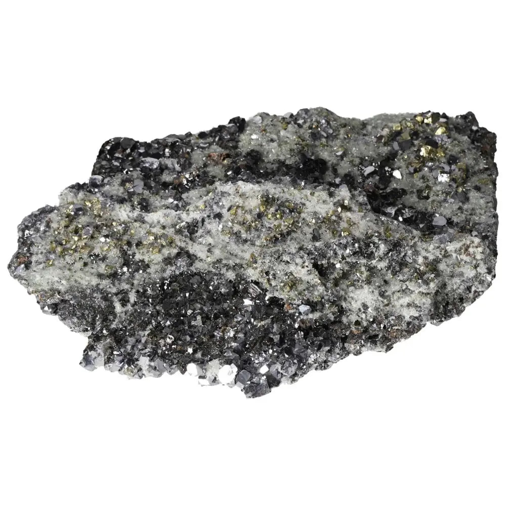 Sphalerite with Galena, Quartz, and Chalcopyrite mineral specimen from Sylvia Crystals, showcasing luxury and spiritual transformation.