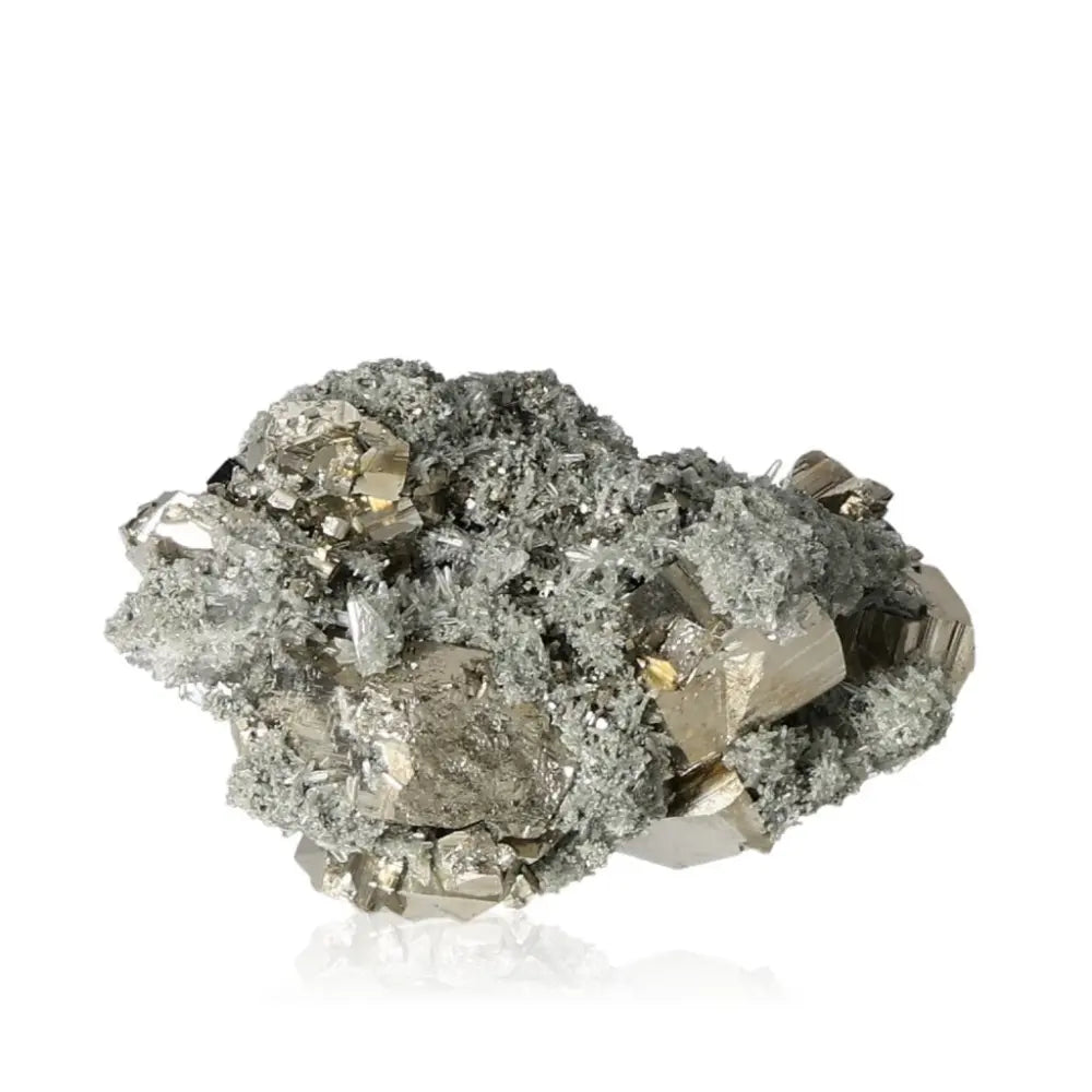 Premium Pyrite with Quartz, showcasing golden luster and serene clarity, part of Sylvia Crystals' luxury mineral collection.
