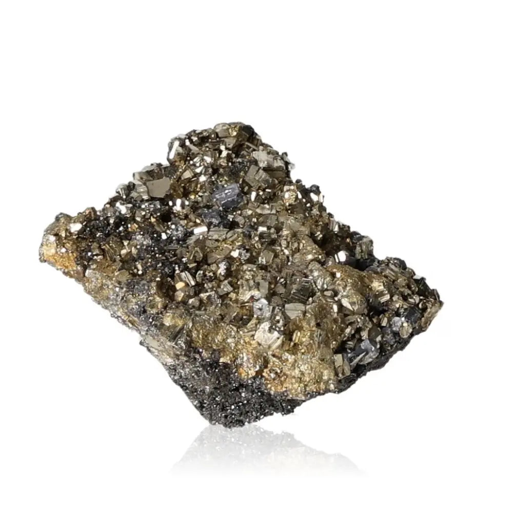 Pyrite with Sphalerite gemstone showcasing golden hues and metallic luster, known as Fool’s Gold for its opulent appearance and symbolism.