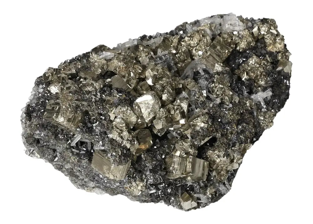 Pyrite with Quartz and Spharelite stone showcasing golden hue and metallic luster.