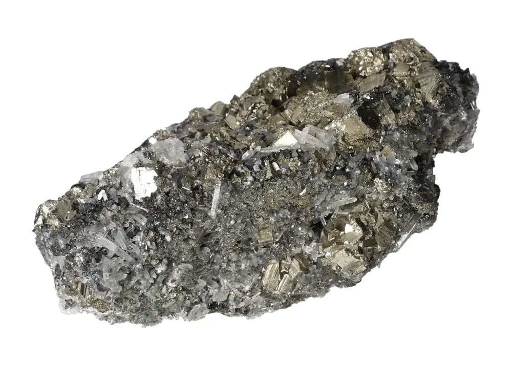 Pyrite with Quartz and Spharelite mineral featuring radiant golden hue and metallic luster, symbolizing abundance and prosperity.