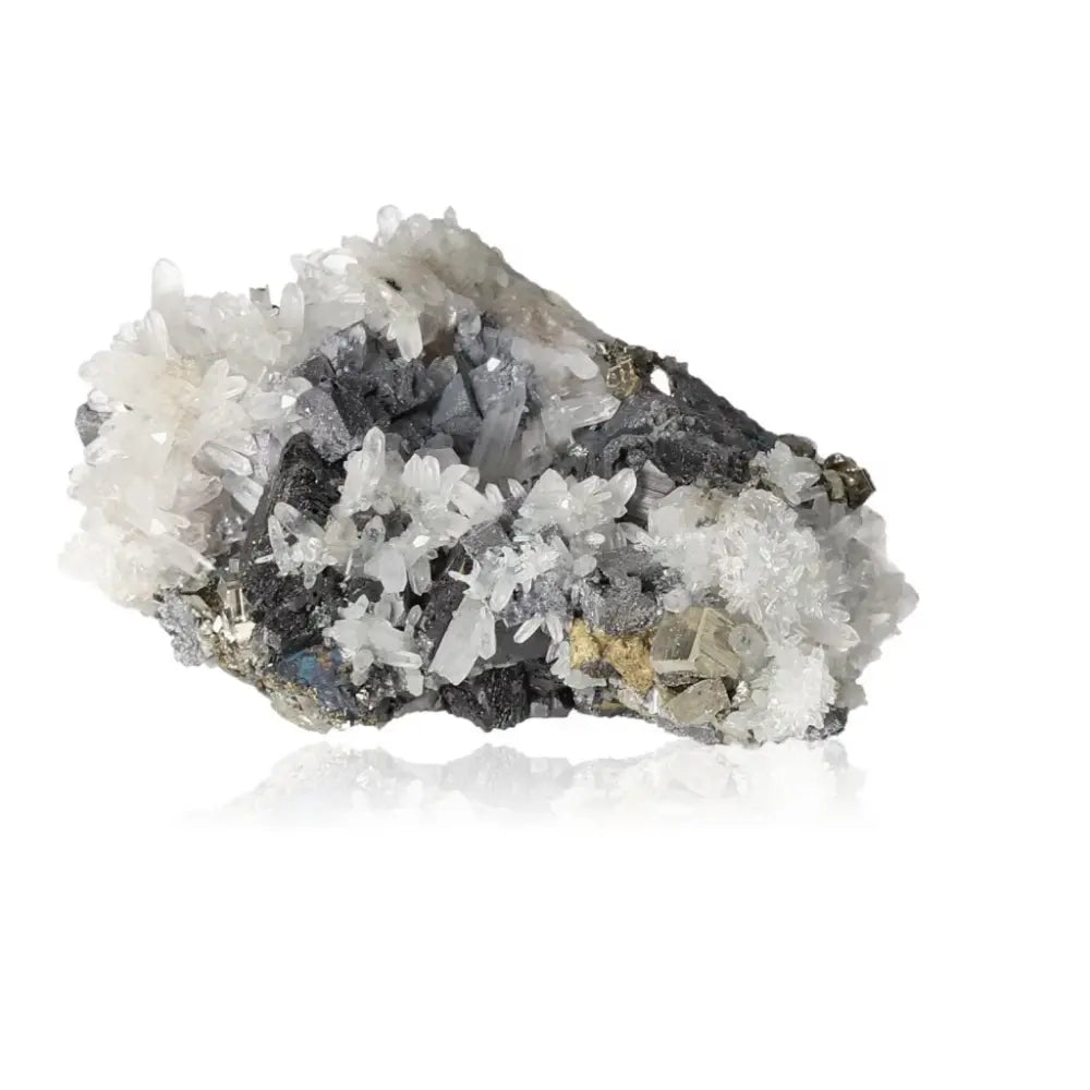 Quartz, Galena, and Pyrite mineral specimen showcasing radiant golden Pyrite crystals and metallic luster.