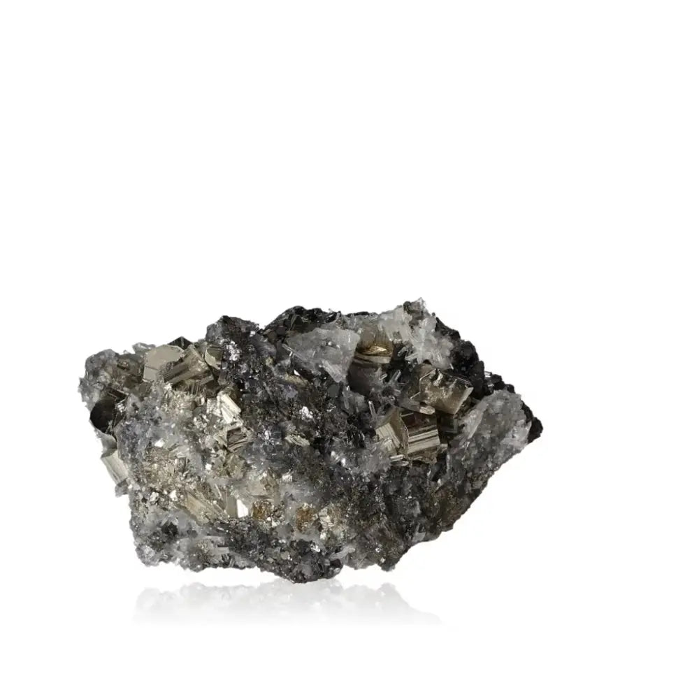 Pyrite with Quartz, Sphalerite, and Galena crystal by Sylvia Crystals, showcasing shimmering facets and spiritual allure.