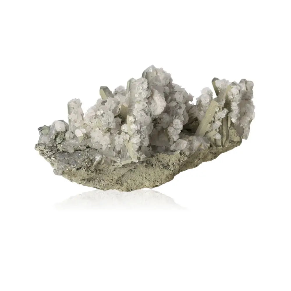 Clear quartz crystal cluster with glass-like appearance, known as the Master Healer, enhances energy, clarity, and spiritual balance.