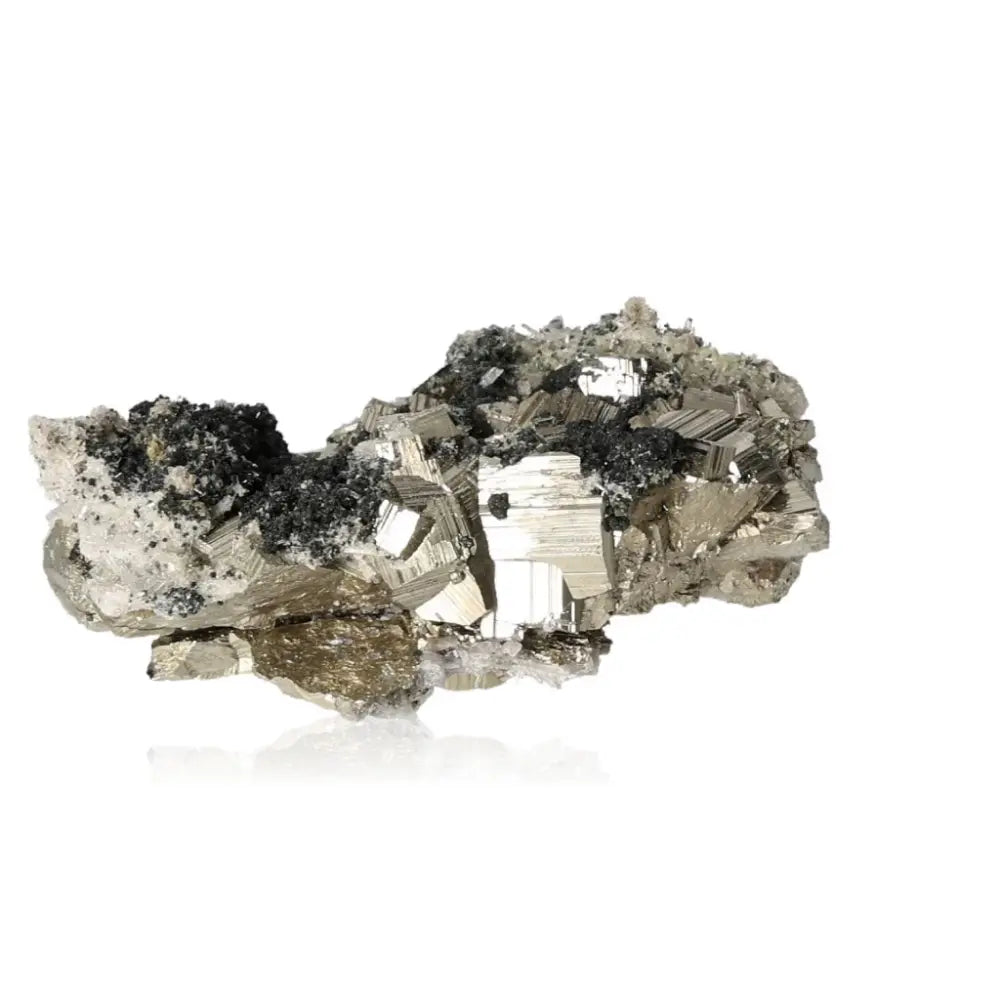 Pyrite with Sphalerite mineral showcasing golden hue and metallic luster, symbolizing wealth and prosperity.