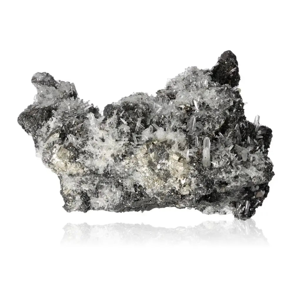 Galena with Quartz mineral specimen showcasing crystalline structure and reflective properties, radiant under light.