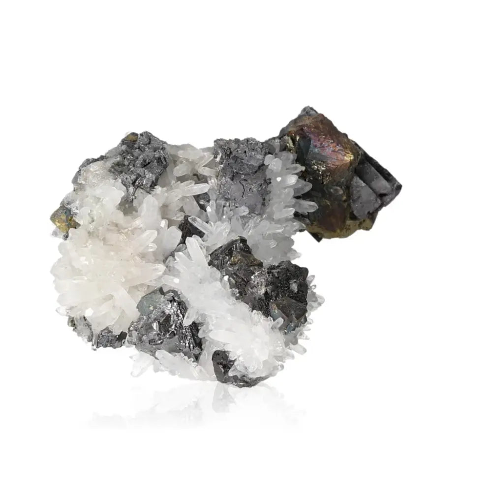 Galena with Quartz crystal cluster showcasing grounding and amplifying properties for meditation and spiritual clarity.