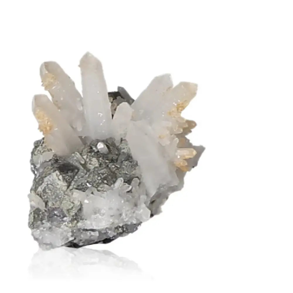Clear quartz crystal formation, known as the Master Healer, amplifying energy and elegance on a rock base.