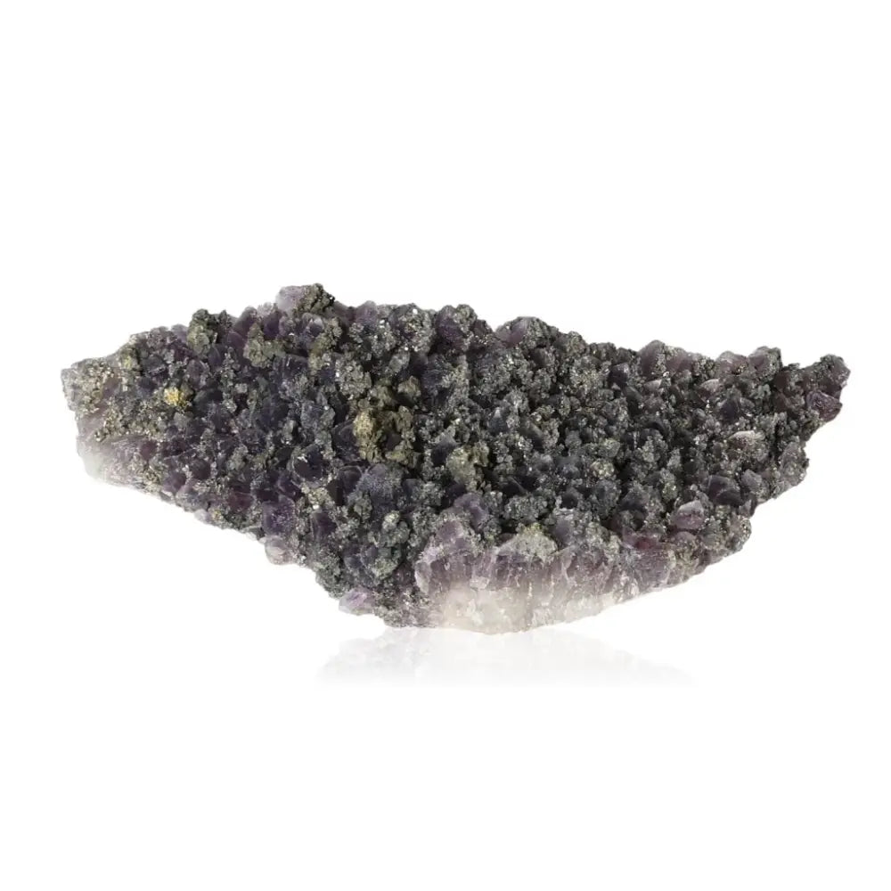 Rare amethyst with pyrite cluster showcasing golden and purple hues, symbolizing abundance and prosperity.