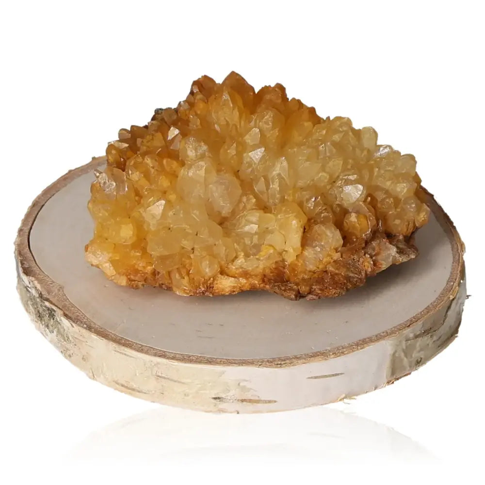 Quartz with Goethite crystal on wooden base, showcasing golden hues and premium quality by Sylvia Crystals for spiritual transformation.