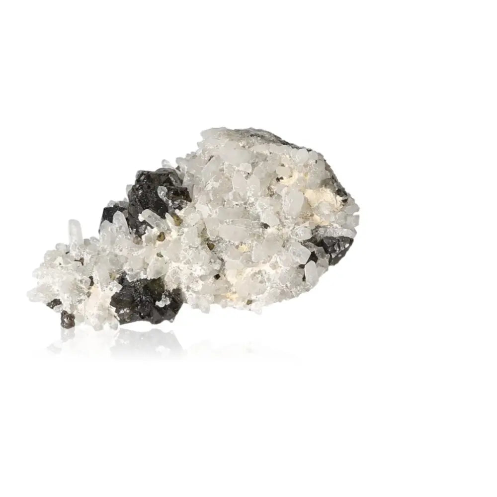 Quartz crystal cluster with black inclusions showcasing natural sparkle and clarity, enhancing energy flow and mental focus.