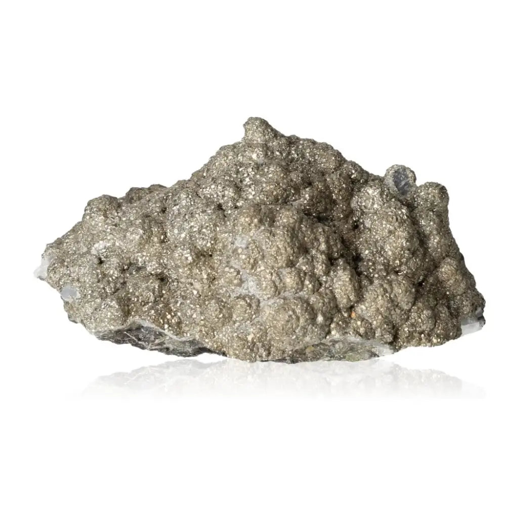 Natural pyrite mineral with golden hue and metallic luster, known as Fool's Gold, symbolizing abundance and prosperity.