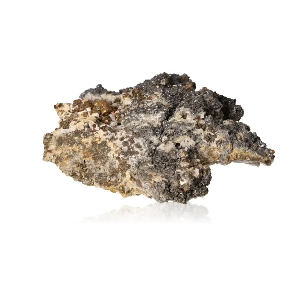 Calcite with Pyrite and Galena crystal from Sylvia Crystals, showcasing a blend of earth tones and metallic luster.