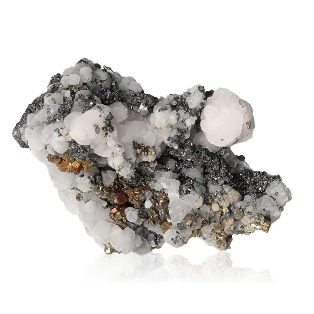Galena with Quartz and Chalcopyrite mineral specimen showcasing metallic luster and golden accents.