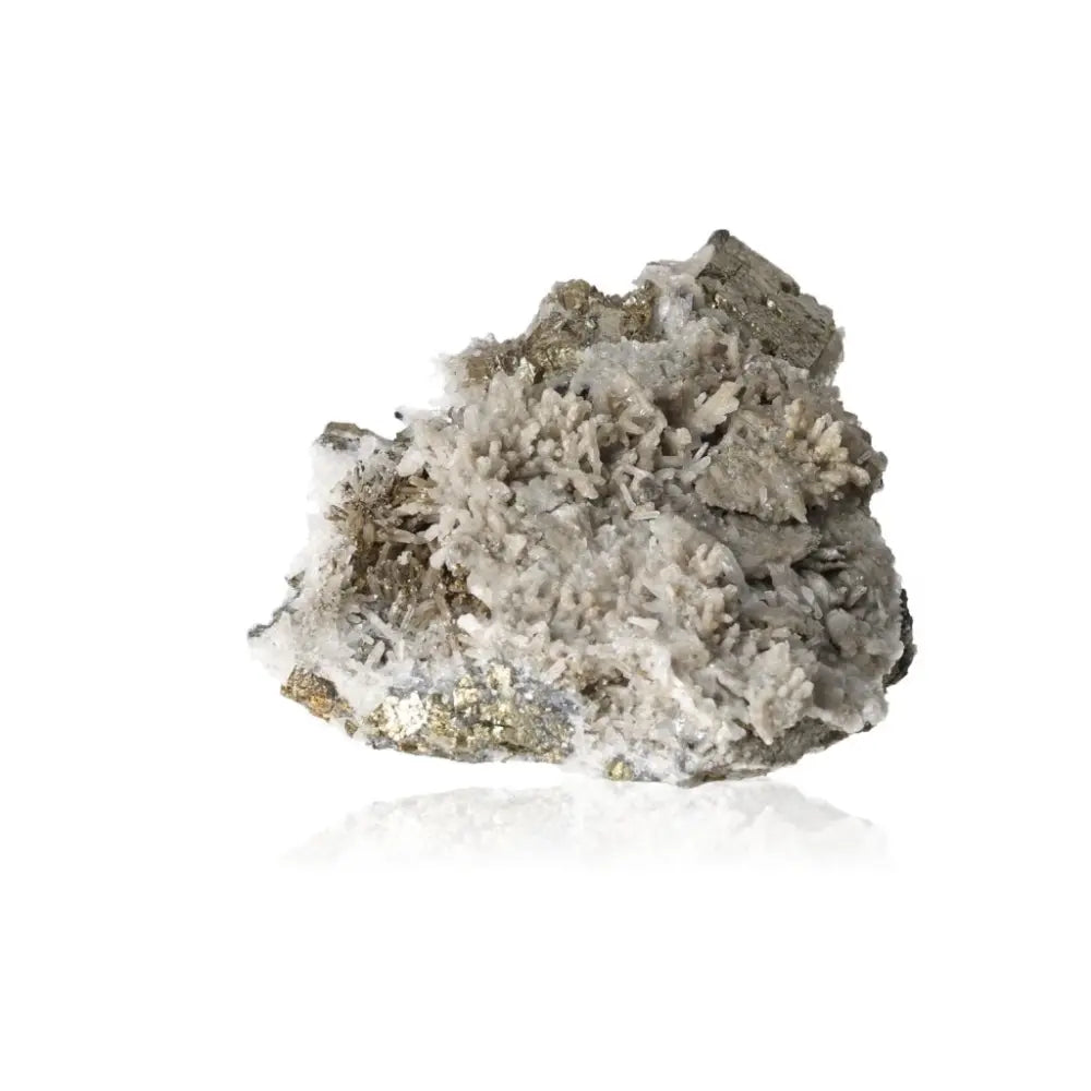 Quartz encrusted on pyrite mineral, known for its golden hue and metallic luster, symbolizing abundance and prosperity.