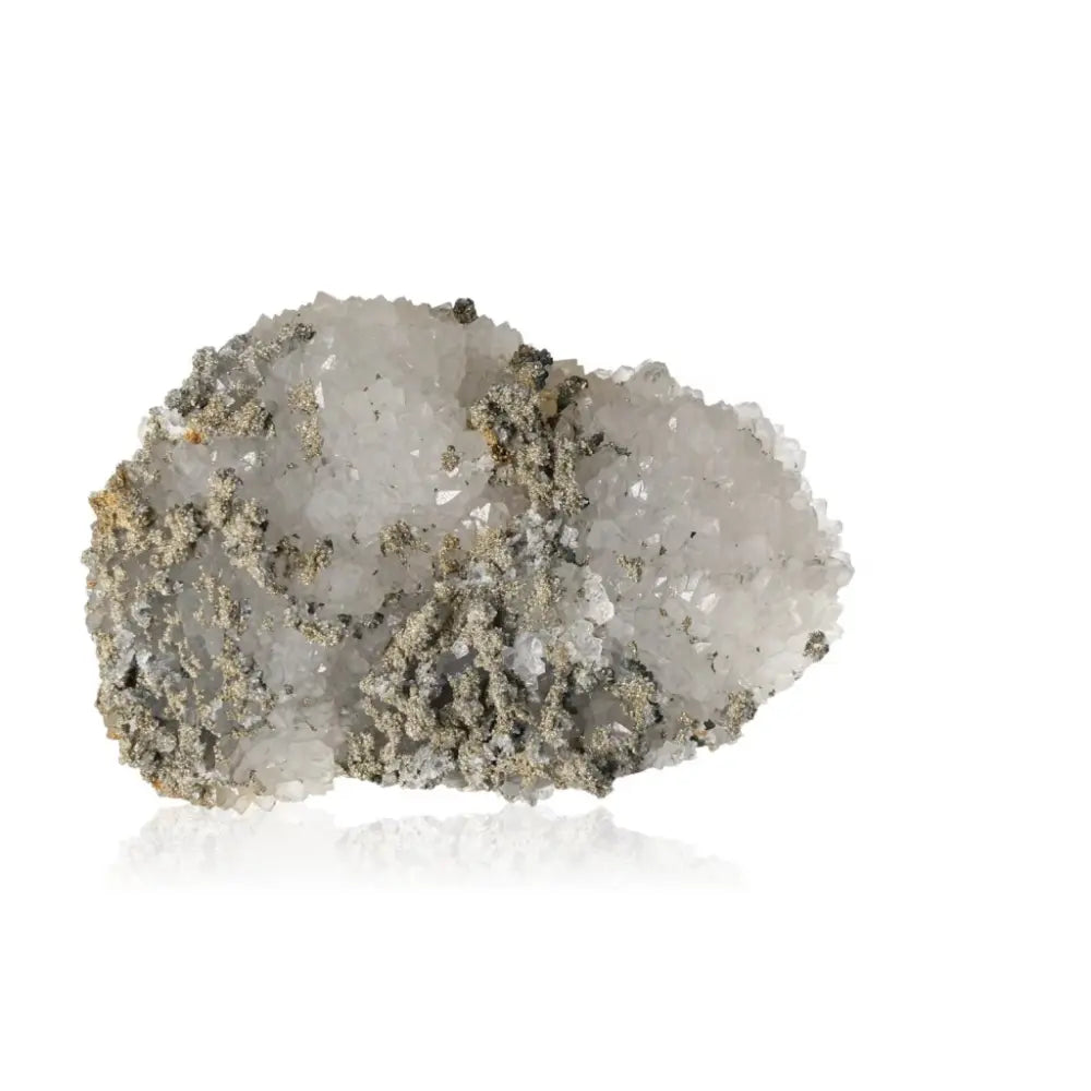 Pyrite mineral on quartz stone showcasing golden hue and metallic luster, symbolizing wealth and abundance. Fool's Gold specimen.