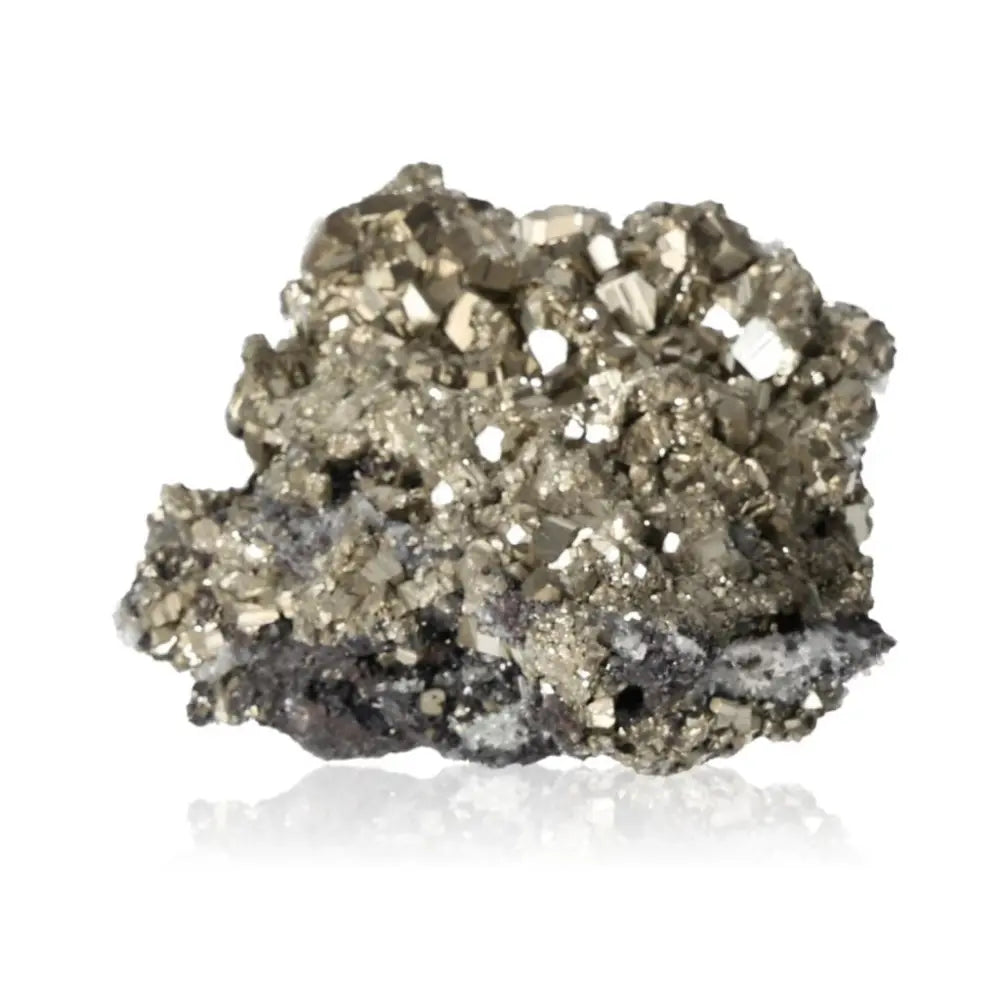 Shimmering cluster of Pyrite with Quartz, Sphalerite, and Calcite showcasing its golden hue and metallic luster.