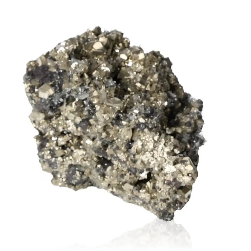Close-up of a raw pyrite mineral, known as 'Fool's Gold,' showcasing its metallic luster and golden coloration.