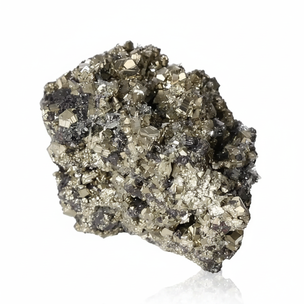 Close-up of a raw pyrite mineral, known as 'Fool's Gold,' showcasing its metallic luster and golden coloration.