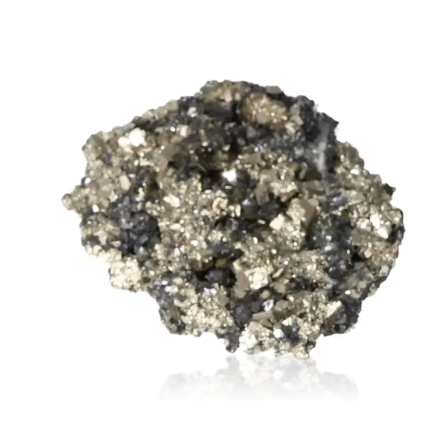 Close-up of Pyrite with Sphalerite crystal showcasing golden and dark metallic luster, a rare mineral from Sylvia Crystals.