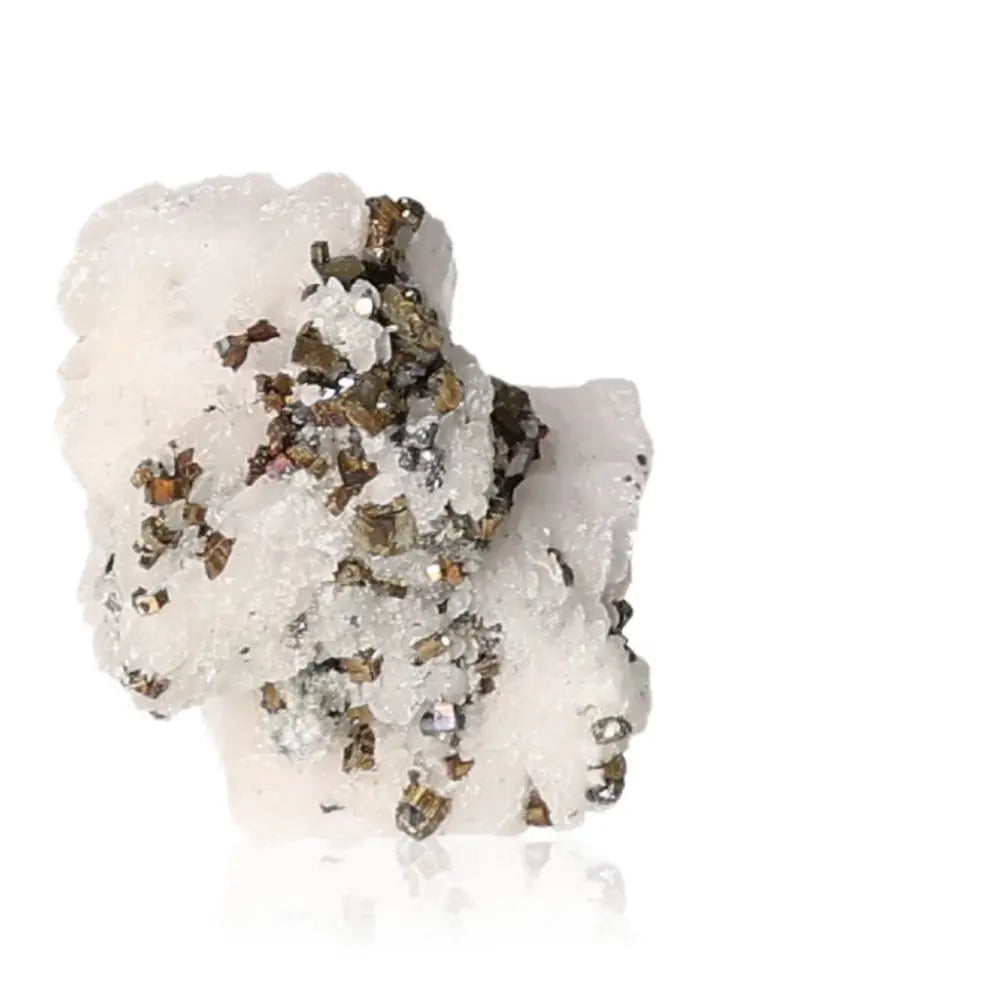 Quartz with chalcopyrite gemstone showcasing star-like patterns, capturing transformation and personal growth essence.