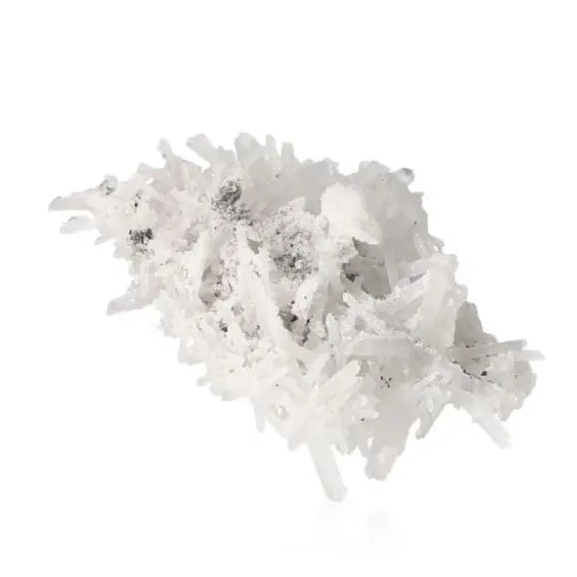 Quartz crystal on white background showcasing pure clarity and sparkling brilliance for energy amplification and mental focus.