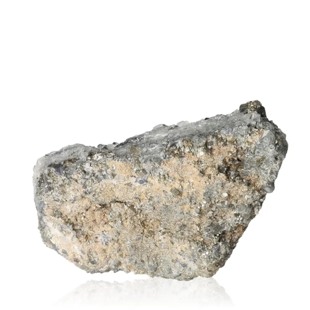 Pyrite with quartz and chalcopyrite mineral specimen showcasing golden hue and metallic luster