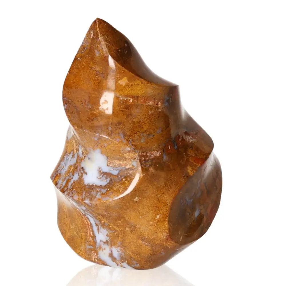 Petrified Wood Flame sculpture with earth tones and natural patterns, symbolizing grounding, stability, and connection to ancient wisdom.