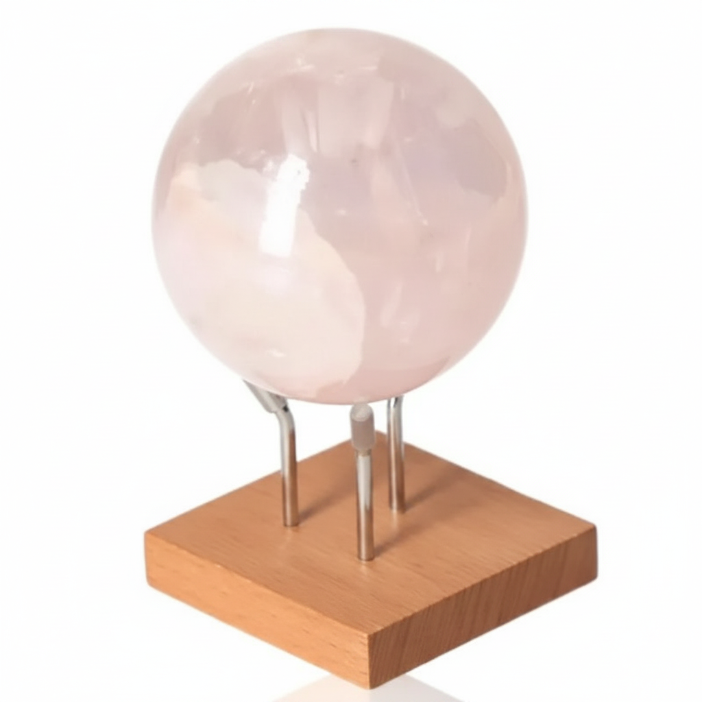 Sylvia Crystals' Pink Quartz Sphere on wooden stand, symbolizing love, elegance, and spiritual connection; crafted from natural, ethical quartz.