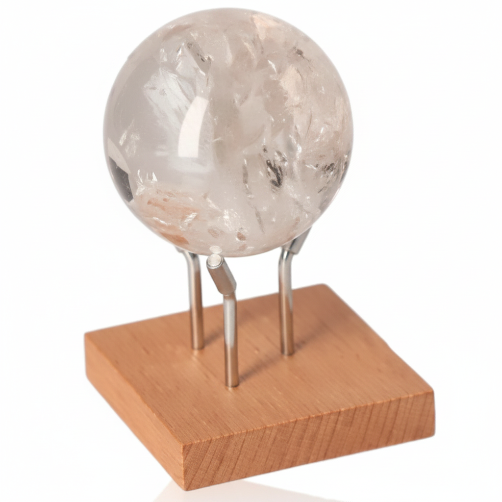Lemurian Quartz Sphere displayed on a wooden stand, known for its clarity and spiritual potency in enhancing serenity and balance.