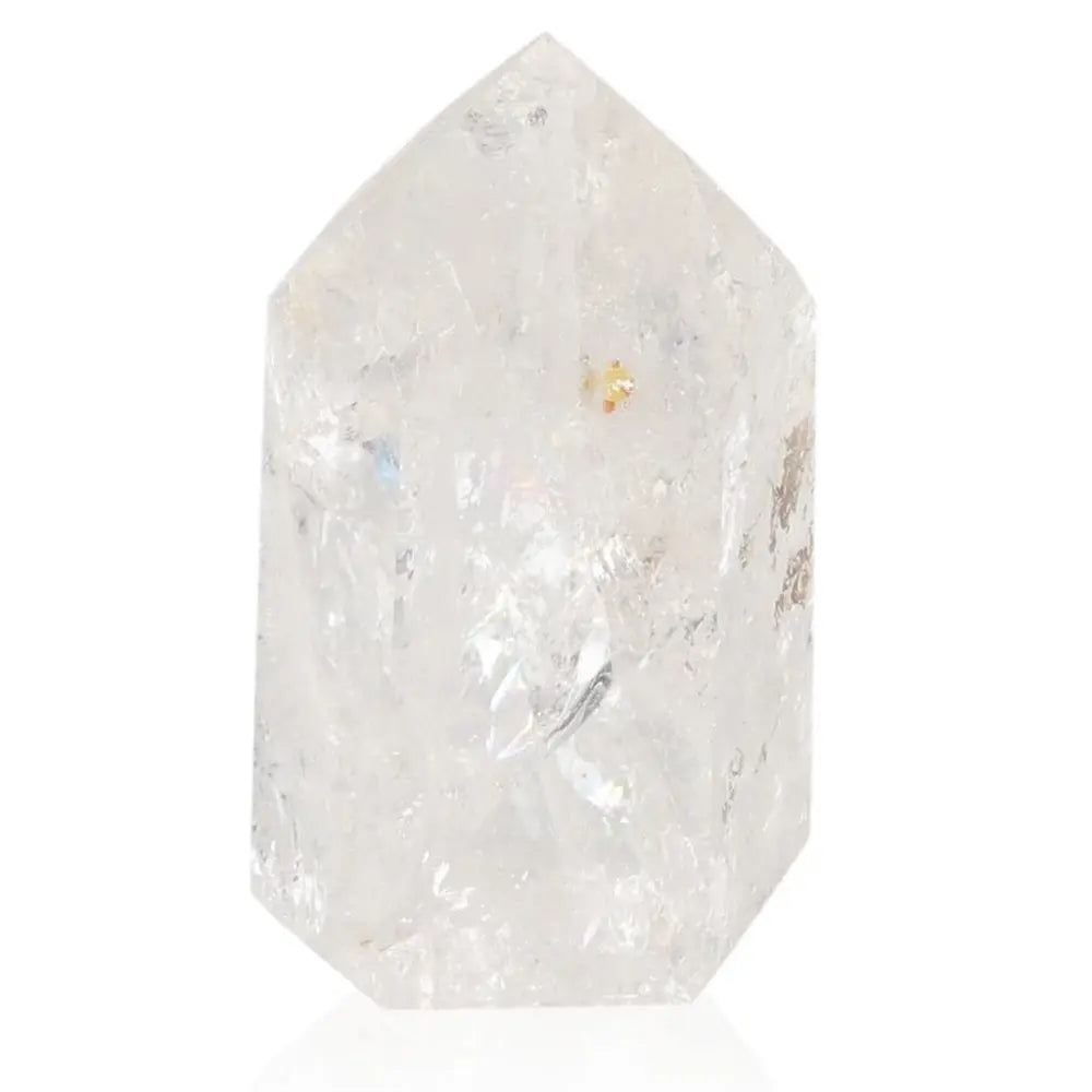 Lemurian Quartz Obelisk, clear crystal quartz point with pristine clarity, spiritual resonance, and energy harmonizing properties.
