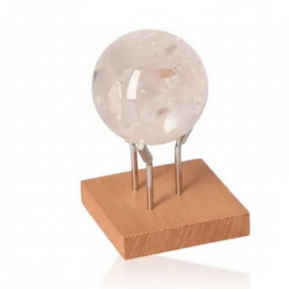 Lemurian Quartz Sphere on wooden stand, showcasing its clear crystal beauty and spiritual energy for chakra harmonization and decor.
